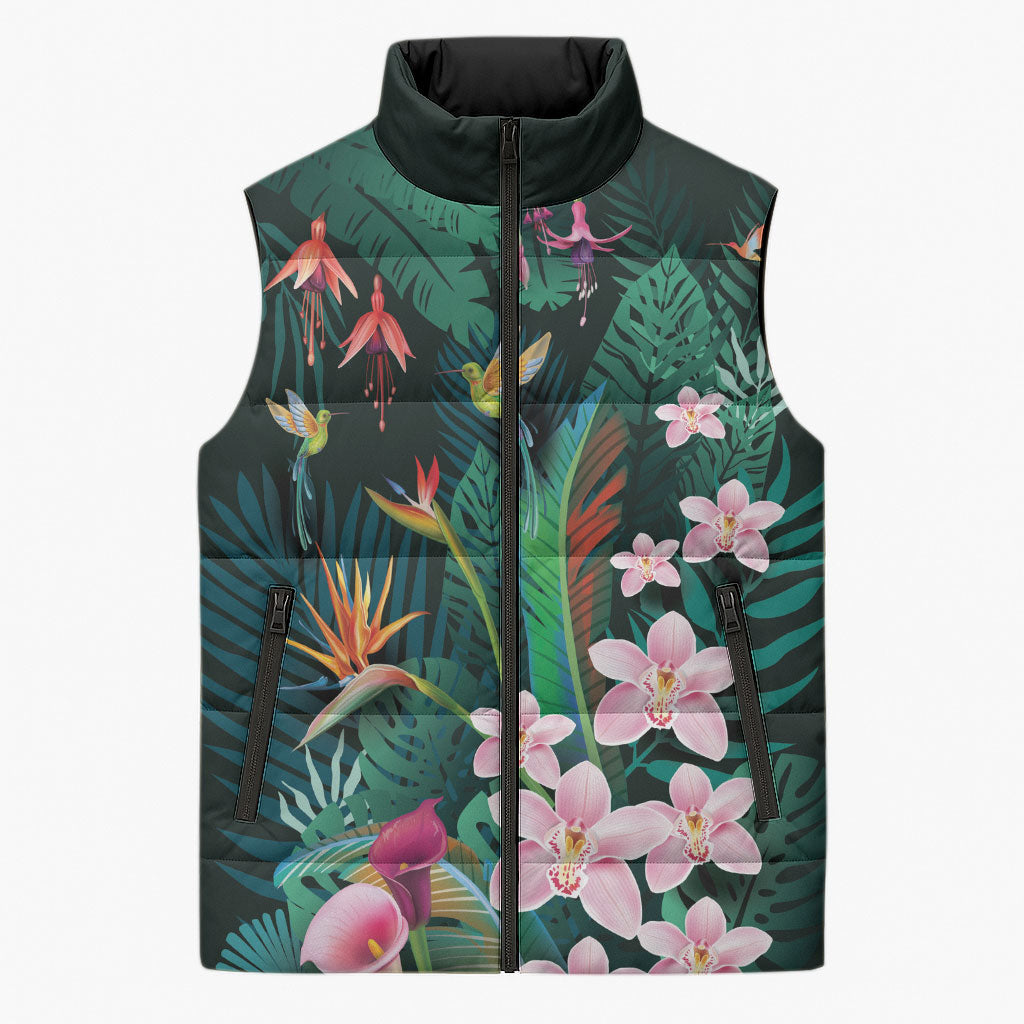 Hawaii Hummingbird Tropical Flowers Sleeveless Puffer Jacket Dark Green