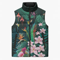 Hawaii Hummingbird Tropical Flowers Sleeveless Puffer Jacket Dark Green