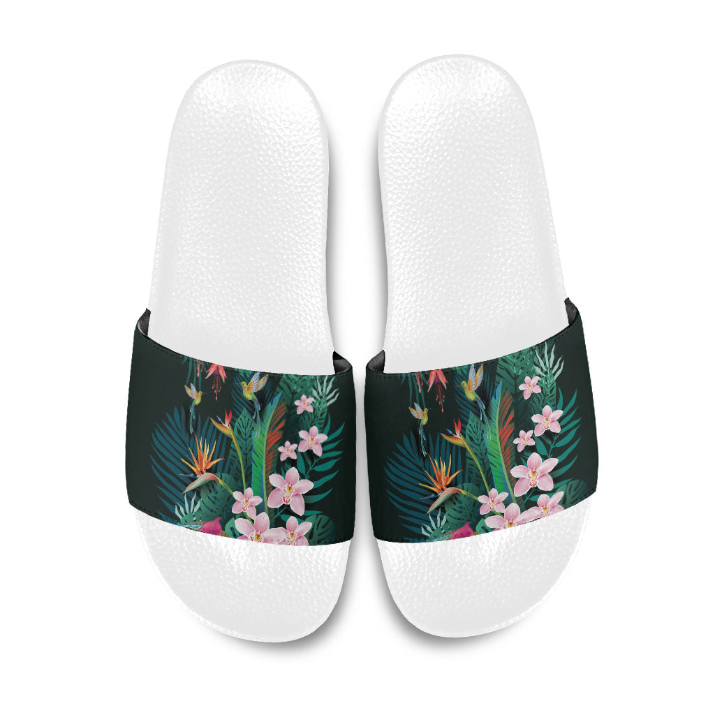 Hawaii Hummingbird Tropical Flowers Slide Sandals Dark Green