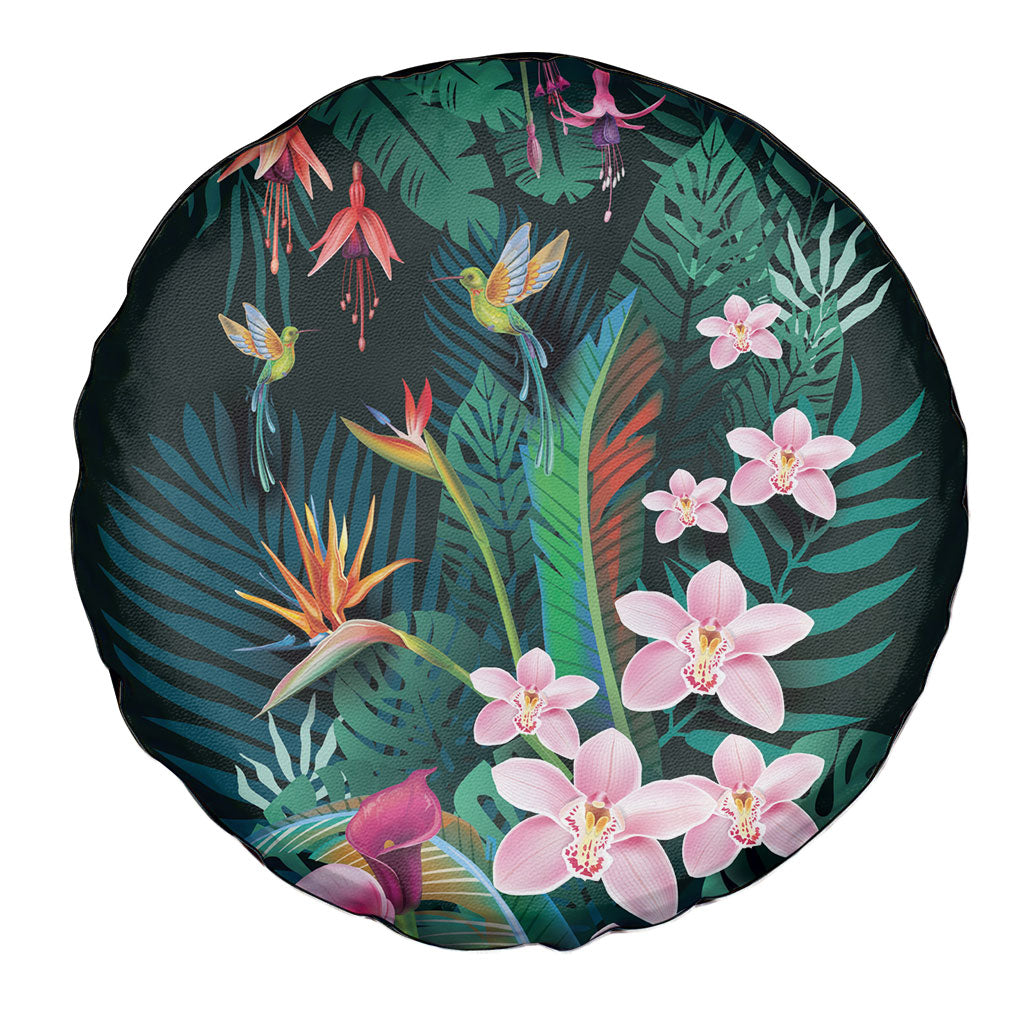 Hawaii Hummingbird Tropical Flowers Spare Tire Cover Dark Green