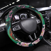Hawaii Hummingbird Tropical Flowers Steering Wheel Cover Dark Green