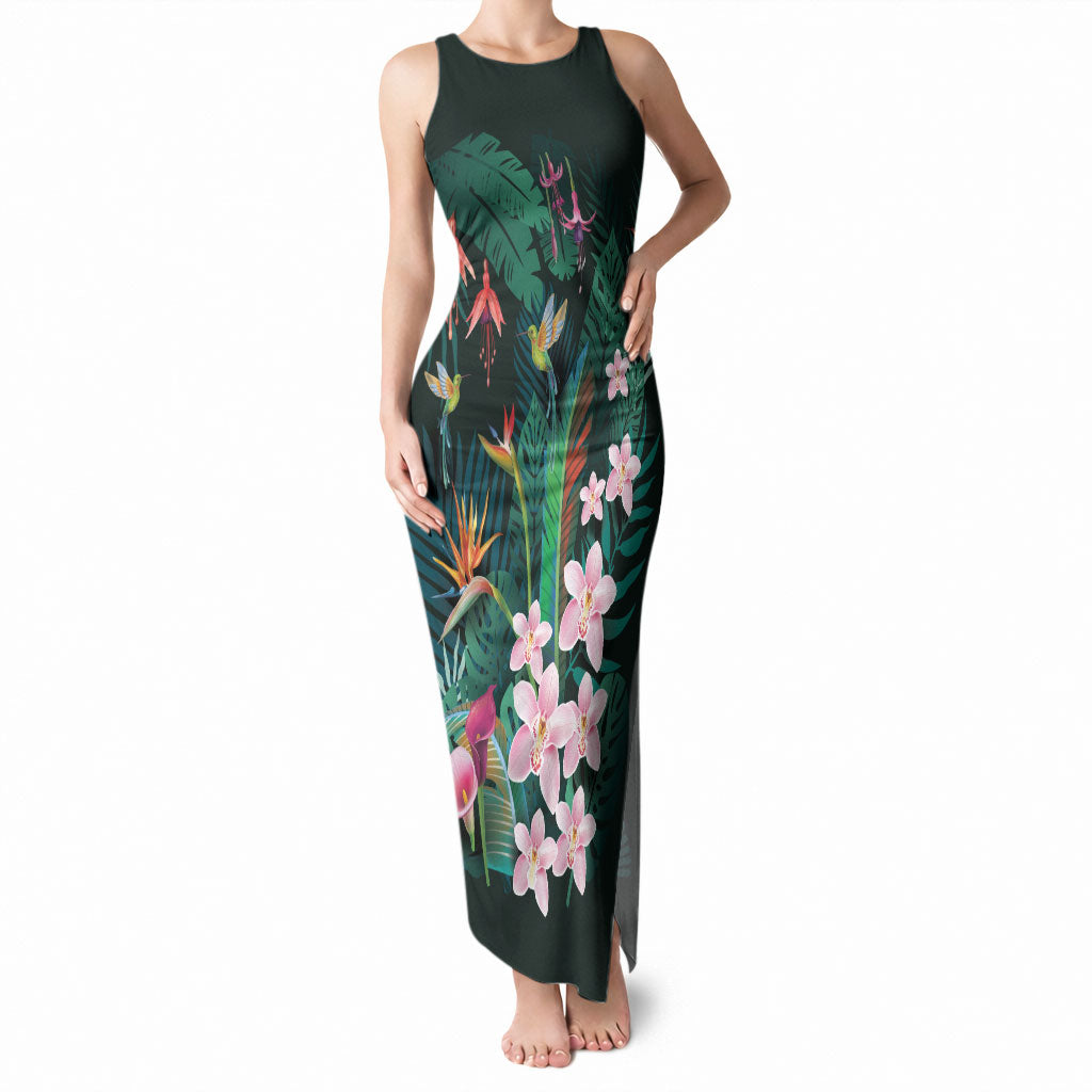 Hawaii Hummingbird Tropical Flowers Tank Maxi Dress Dark Green