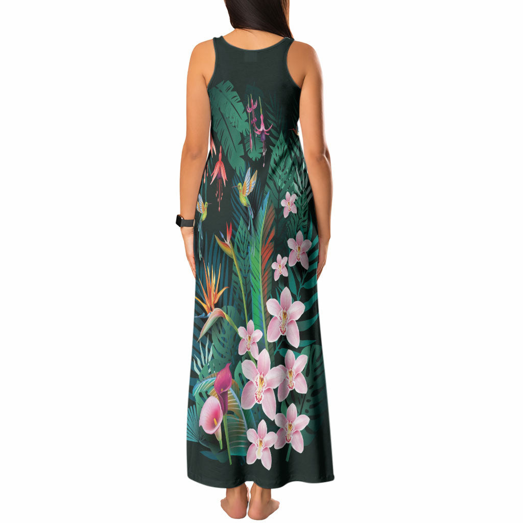Hawaii Hummingbird Tropical Flowers Tank Maxi Dress Dark Green