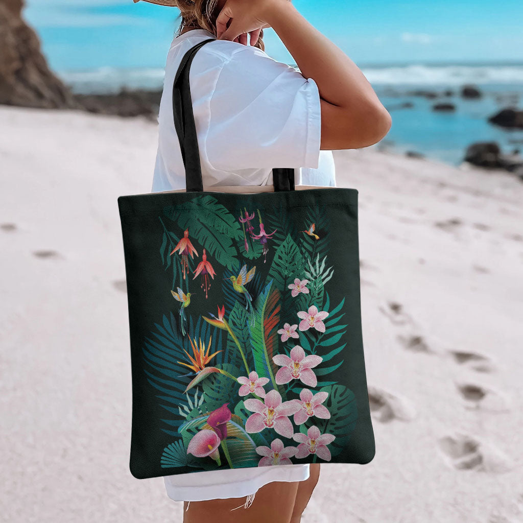 Hawaii Hummingbird Tropical Flowers Tote Bag Dark Green