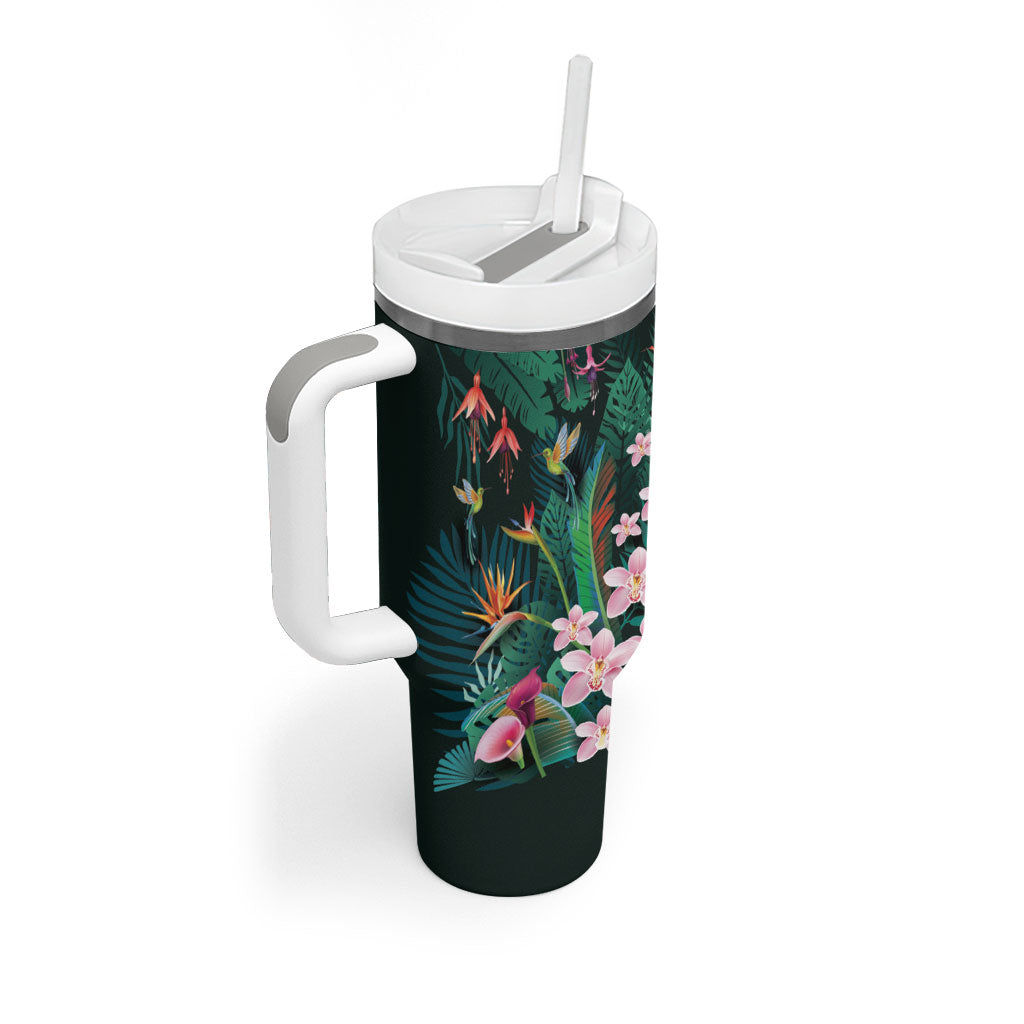 Hawaii Hummingbird Tropical Flowers Tumbler With Handle Dark Green