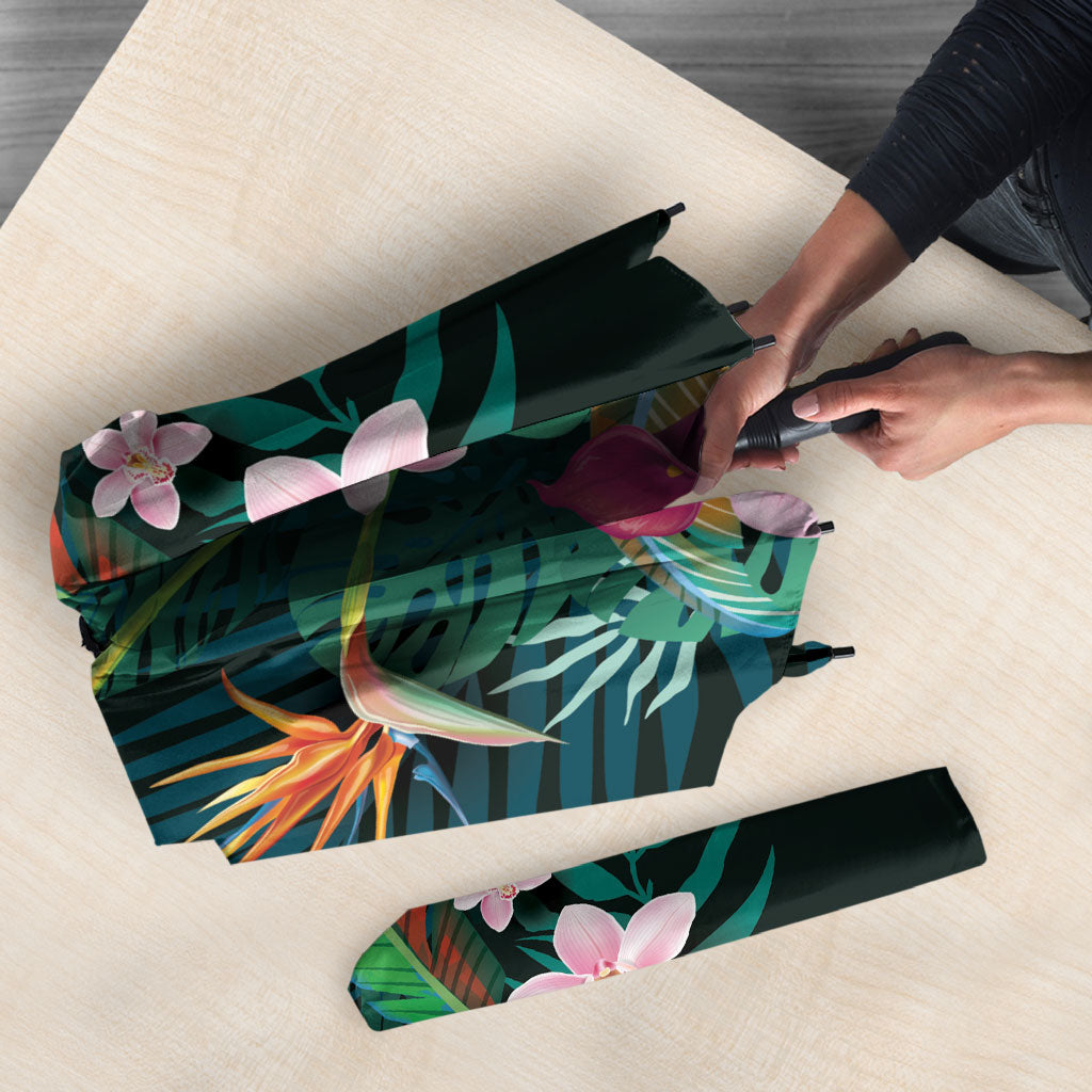 Hawaii Hummingbird Tropical Flowers Umbrella Dark Green