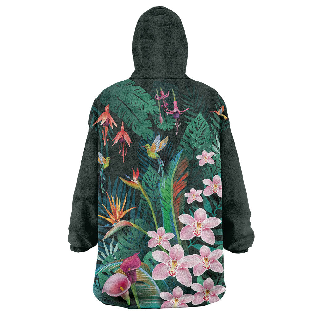 Hawaii Hummingbird Tropical Flowers Wearable Blanket Hoodie Dark Green