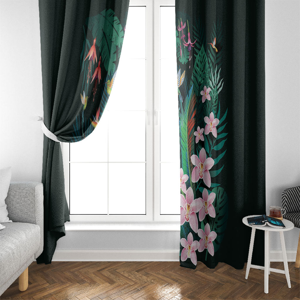 Hawaii Hummingbird Tropical Flowers Window Curtain Dark Green