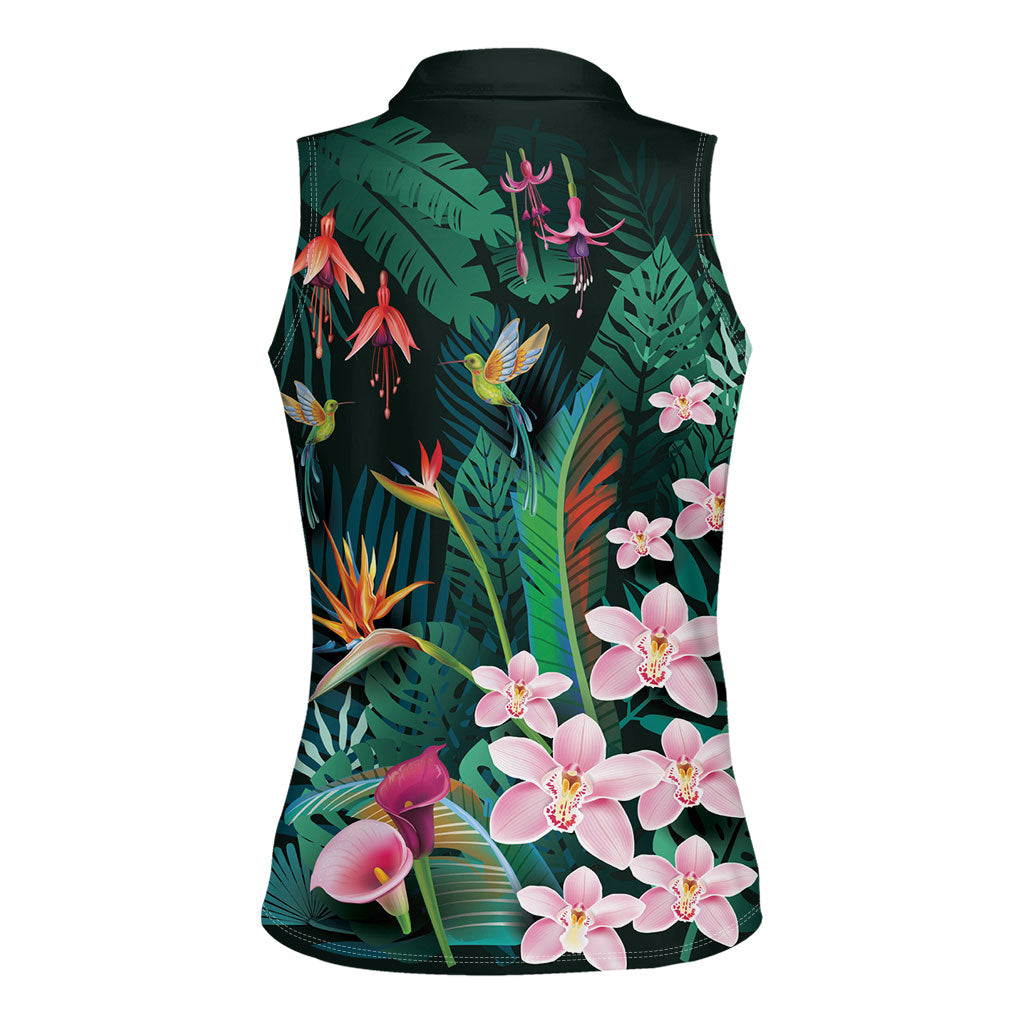 Hawaii Hummingbird Tropical Flowers Women Sleeveless Polo Shirt Dark Green