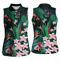 Hawaii Hummingbird Tropical Flowers Women Sleeveless Polo Shirt Dark Green