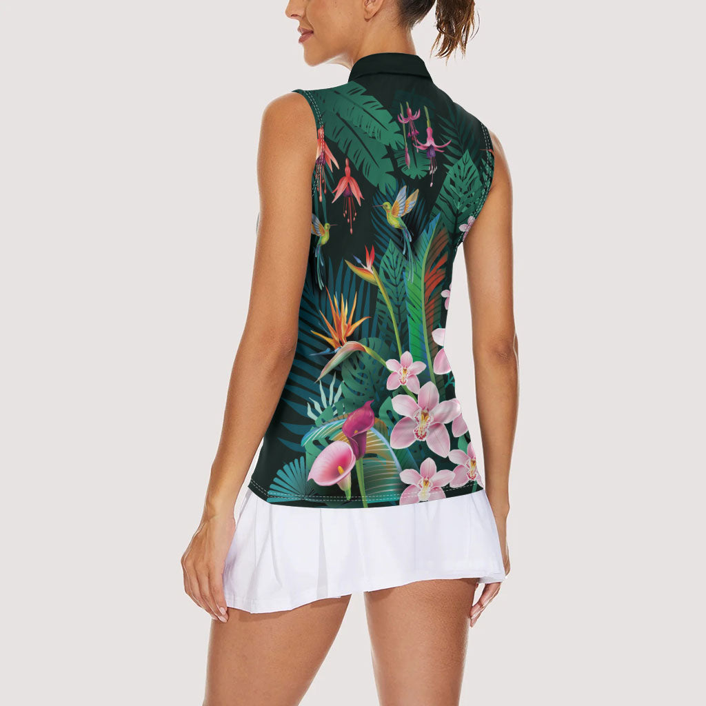 Hawaii Hummingbird Tropical Flowers Women Sleeveless Polo Shirt Dark Green