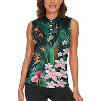 Hawaii Hummingbird Tropical Flowers Women Sleeveless Polo Shirt Dark Green