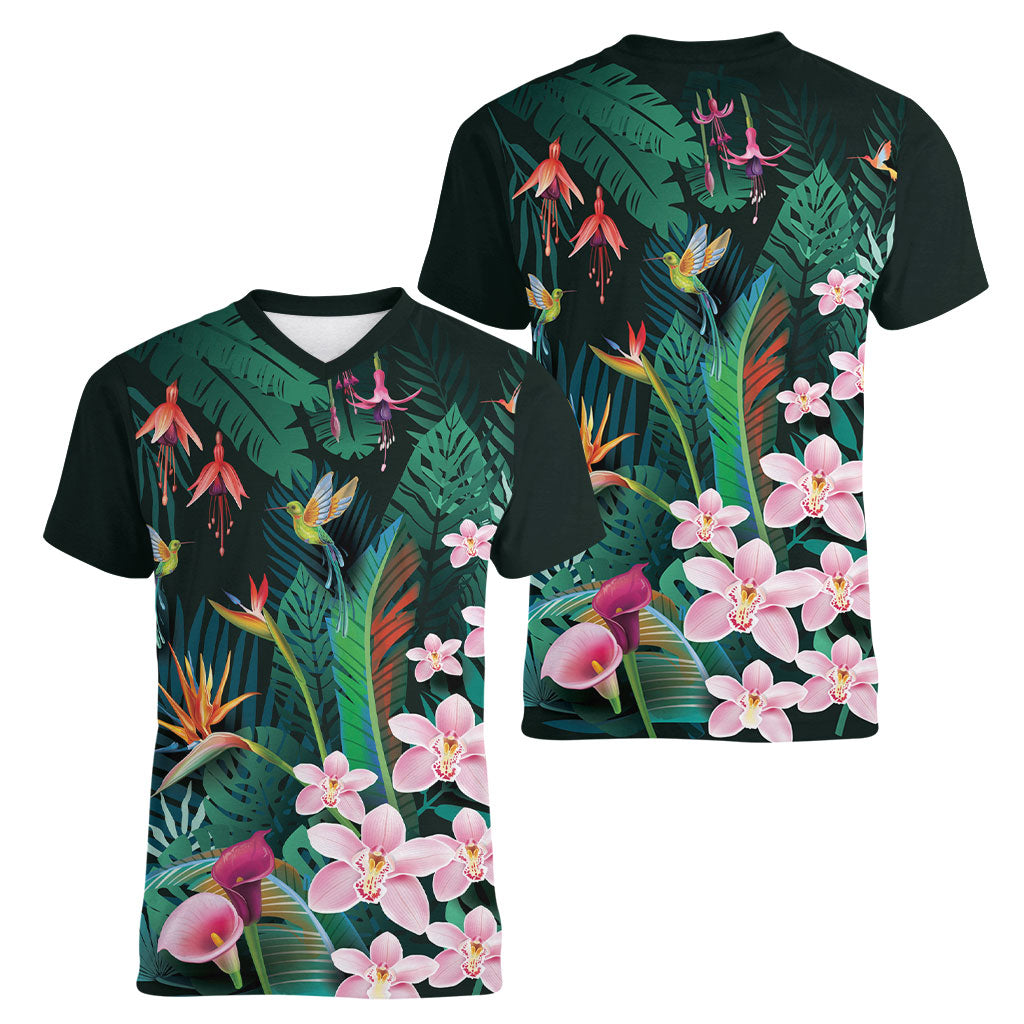 Hawaii Hummingbird Tropical Flowers Women V-Neck T-Shirt Dark Green