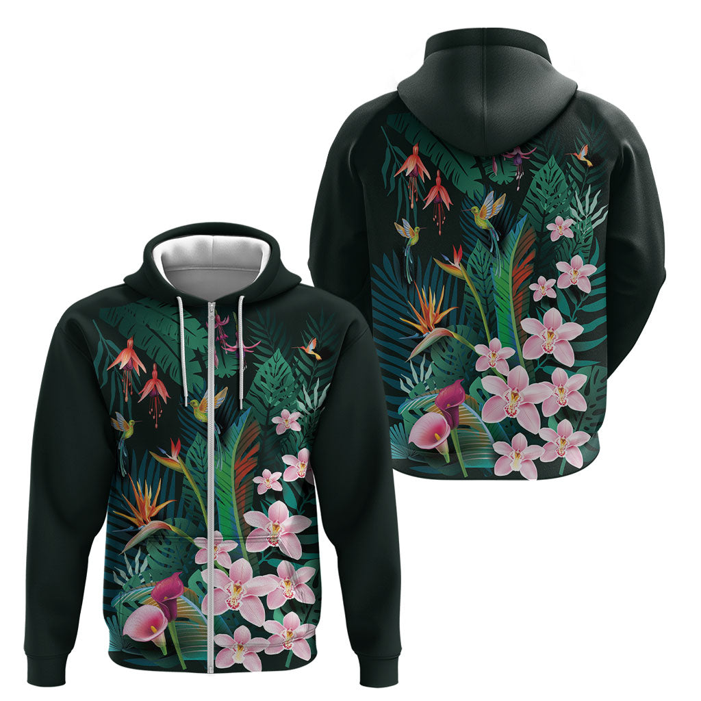 Hawaii Hummingbird Tropical Flowers Zip Hoodie Dark Green