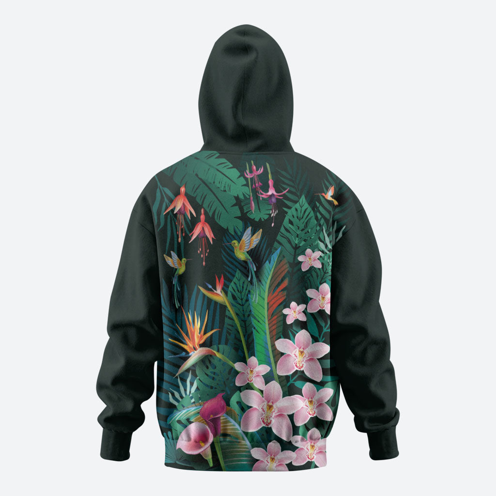 Hawaii Hummingbird Tropical Flowers Zip Hoodie Dark Green