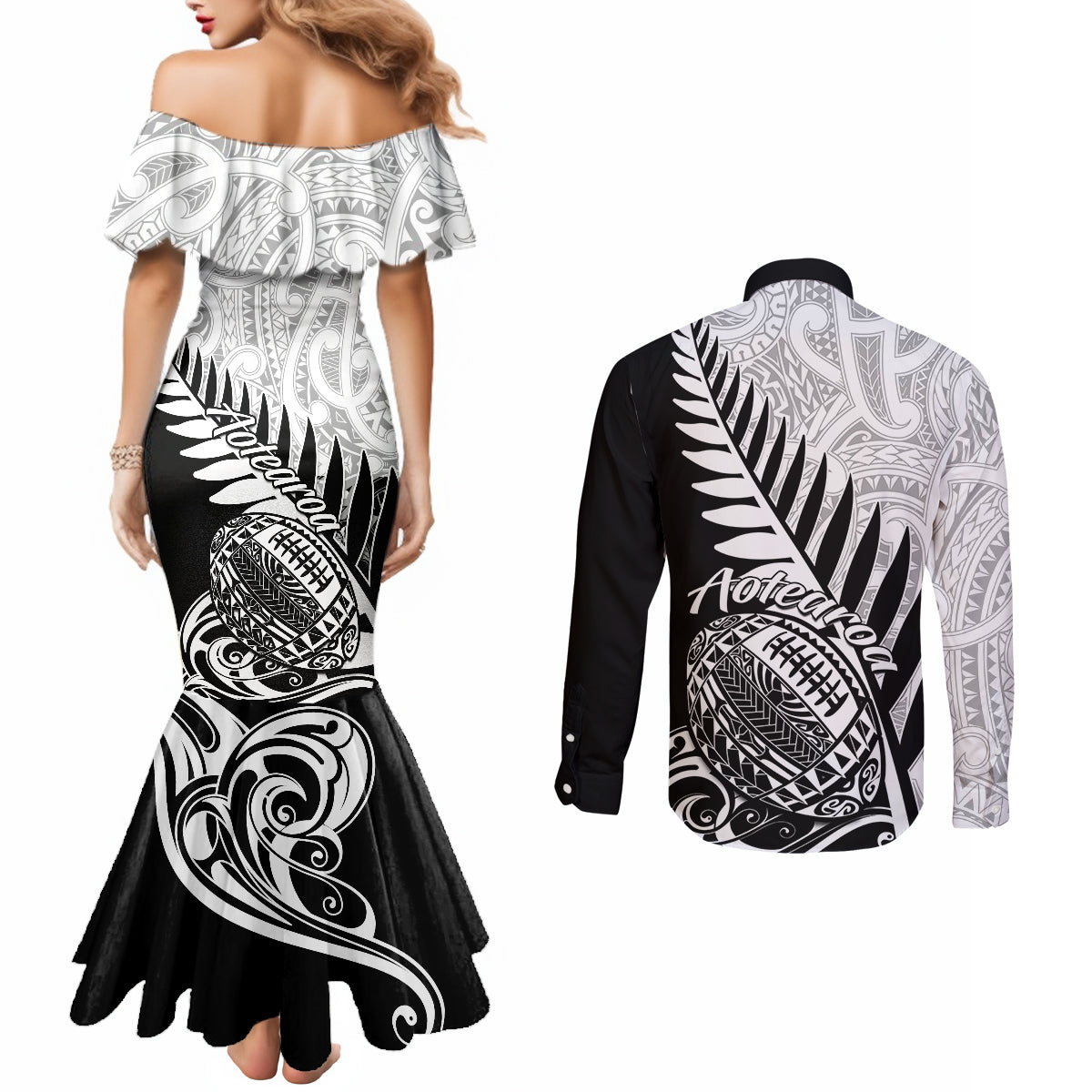 New Zealand Silver Fern Rugby Couples Matching Mermaid Dress and Long Sleeve Button Shirts Aotearoa Maori Black Version LT01 - Polynesian Pride