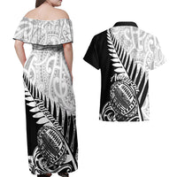 New Zealand Silver Fern Rugby Couples Matching Off Shoulder Maxi Dress and Hawaiian Shirt Aotearoa Maori Black Version LT01 - Polynesian Pride
