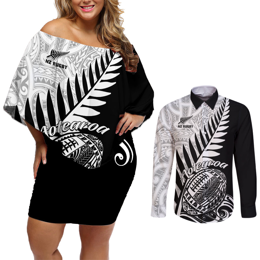 New Zealand Silver Fern Rugby Couples Matching Off Shoulder Short Dress and Long Sleeve Button Shirts Aotearoa Maori Black Version LT01 Black - Polynesian Pride