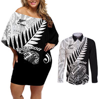 New Zealand Silver Fern Rugby Couples Matching Off Shoulder Short Dress and Long Sleeve Button Shirts Aotearoa Maori Black Version LT01 Black - Polynesian Pride
