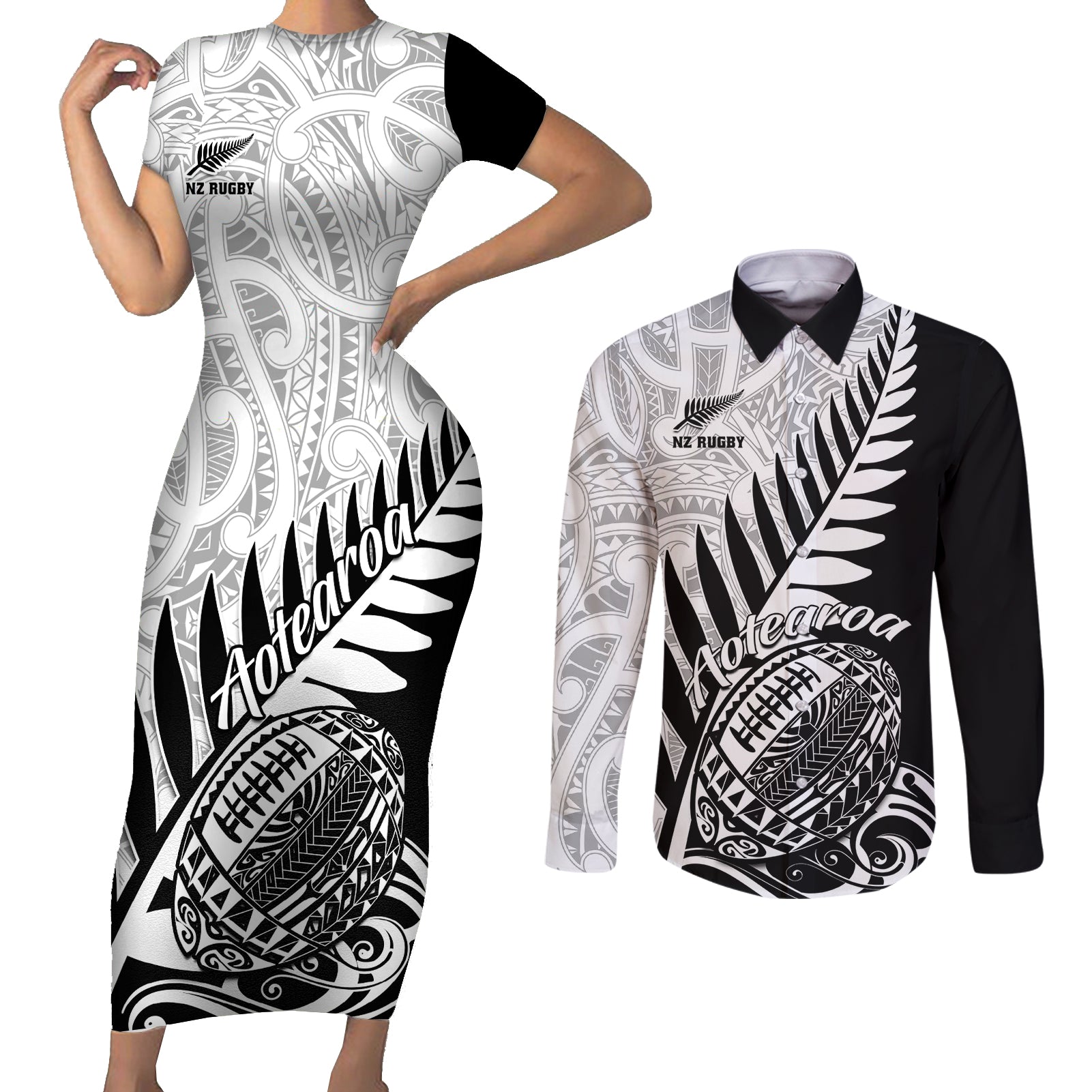 New Zealand Silver Fern Rugby Couples Matching Short Sleeve Bodycon Dress and Long Sleeve Button Shirts Aotearoa Maori Black Version LT01 Black - Polynesian Pride