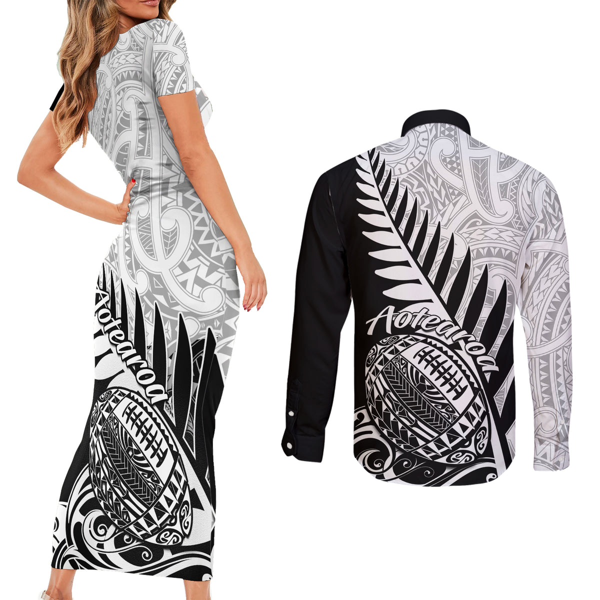 New Zealand Silver Fern Rugby Couples Matching Short Sleeve Bodycon Dress and Long Sleeve Button Shirts Aotearoa Maori Black Version LT01 - Polynesian Pride