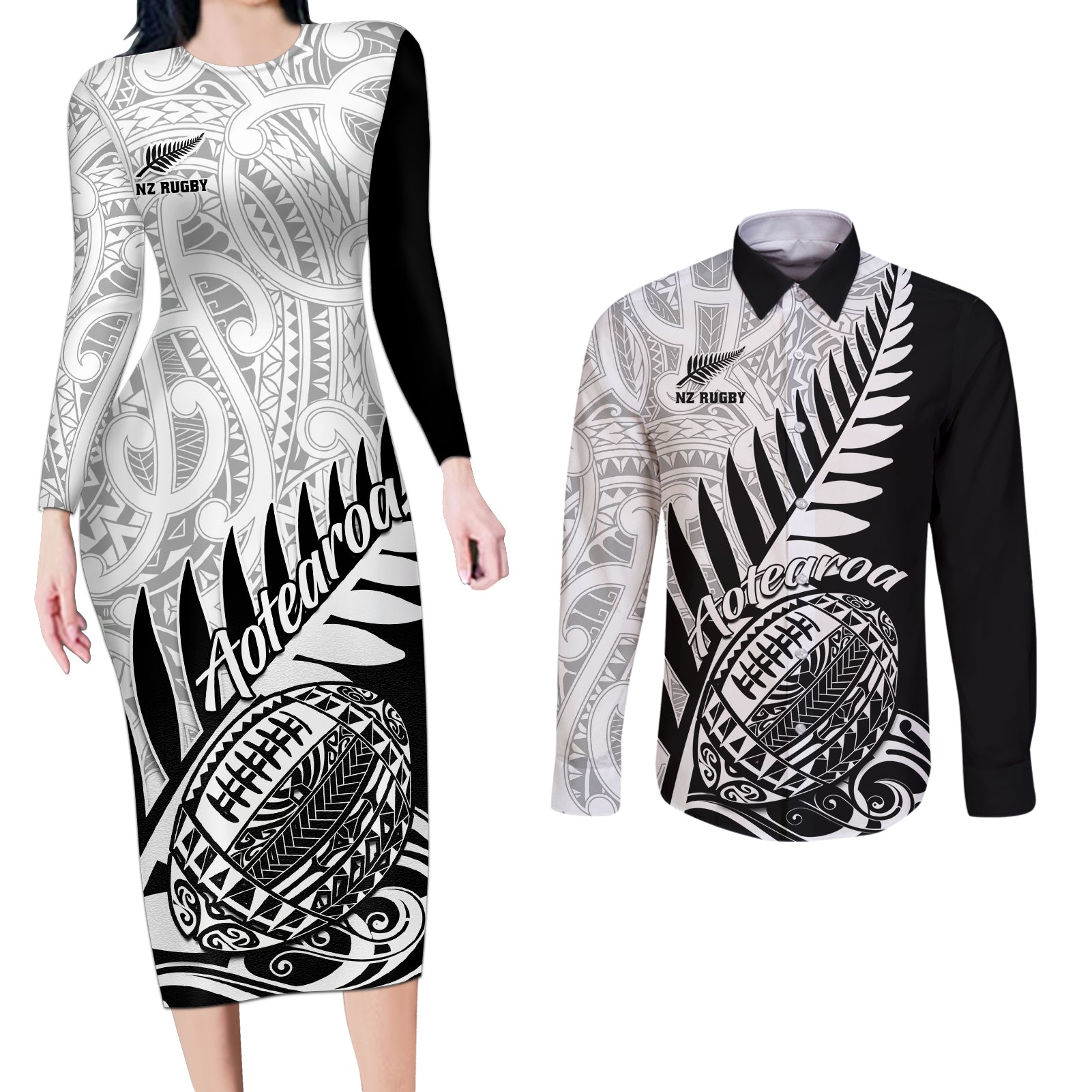 Custom New Zealand Silver Fern Rugby Couples Matching Long Sleeve Bodycon Dress and Long Sleeve Button Shirts Aotearoa Maori Black Version LT01 Black - Polynesian Pride