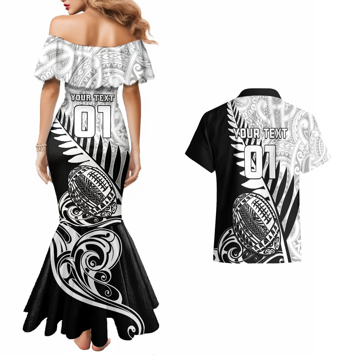 Custom New Zealand Silver Fern Rugby Couples Matching Mermaid Dress and Hawaiian Shirt Aotearoa Maori Black Version LT01 - Polynesian Pride