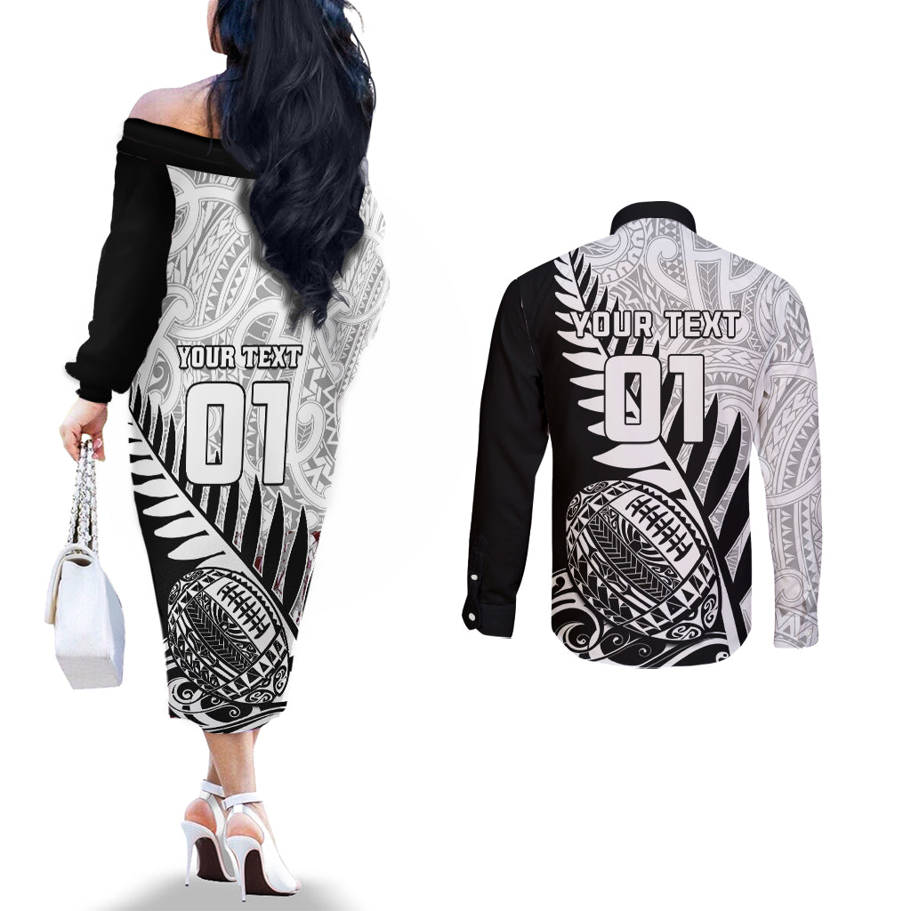 Custom New Zealand Silver Fern Rugby Couples Matching Off The Shoulder Long Sleeve Dress and Long Sleeve Button Shirts Aotearoa Maori Black Version LT01 - Polynesian Pride