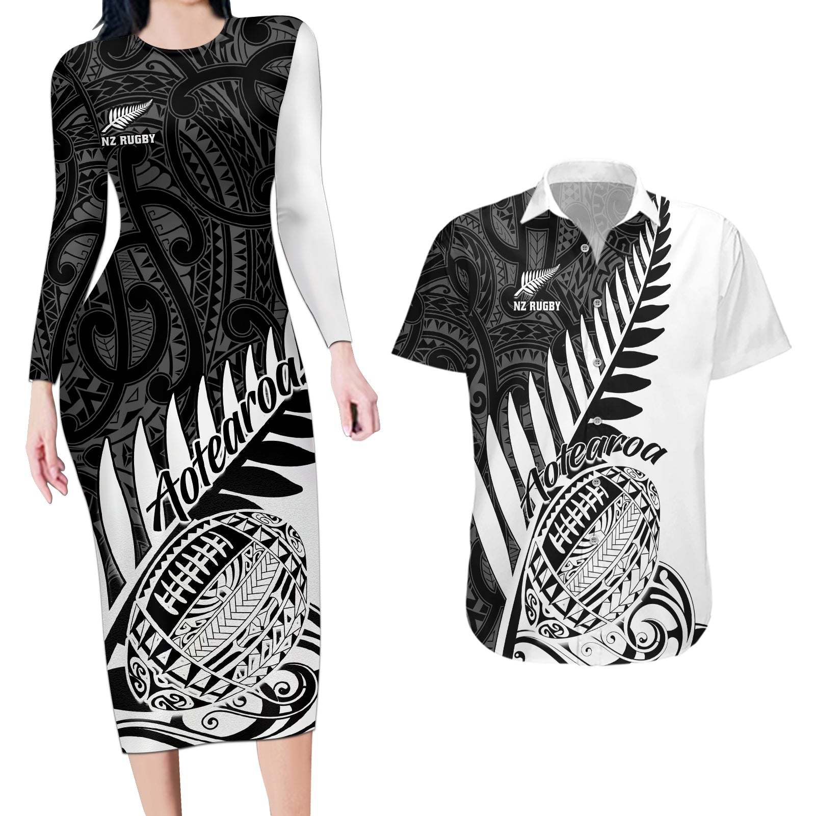 New Zealand Silver Fern Rugby Couples Matching Long Sleeve Bodycon Dress and Hawaiian Shirt Aotearoa Maori White Version LT01 White - Polynesian Pride