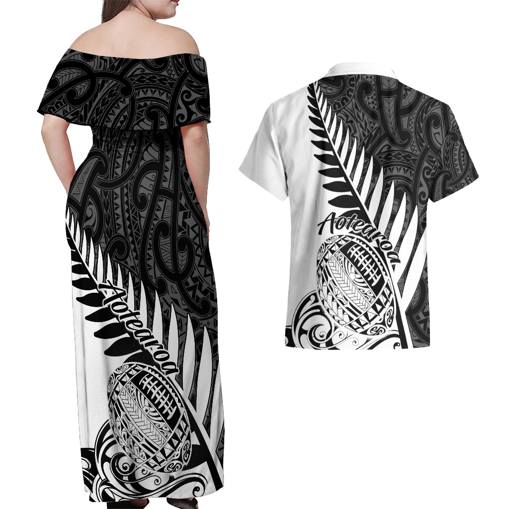 New Zealand Silver Fern Rugby Couples Matching Off Shoulder Maxi Dress and Hawaiian Shirt Aotearoa Maori White Version LT01 - Polynesian Pride