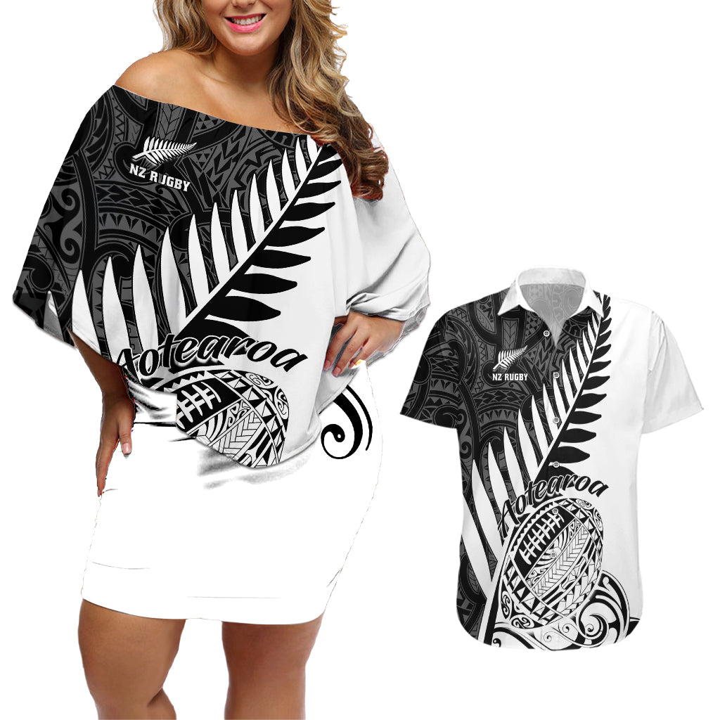 New Zealand Silver Fern Rugby Couples Matching Off Shoulder Short Dress and Hawaiian Shirt Aotearoa Maori White Version LT01 White - Polynesian Pride