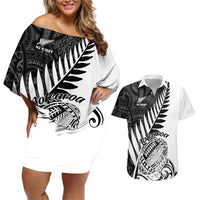 New Zealand Silver Fern Rugby Couples Matching Off Shoulder Short Dress and Hawaiian Shirt Aotearoa Maori White Version LT01 White - Polynesian Pride