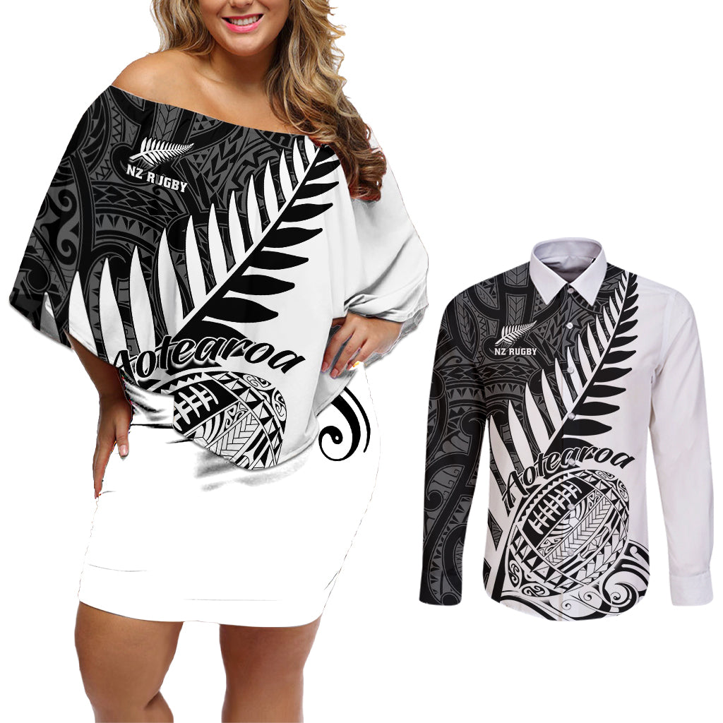 New Zealand Silver Fern Rugby Couples Matching Off Shoulder Short Dress and Long Sleeve Button Shirts Aotearoa Maori White Version LT01 White - Polynesian Pride