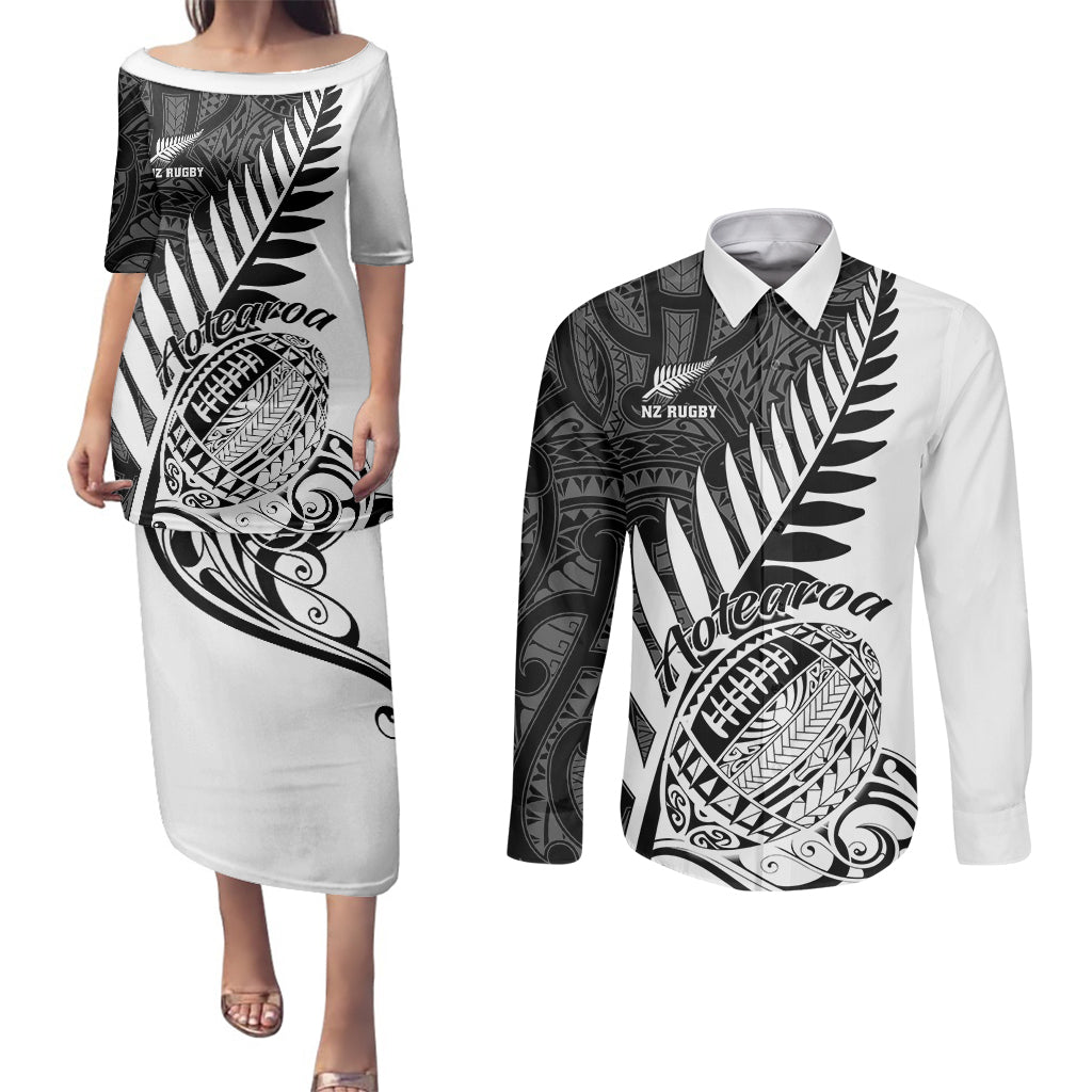 New Zealand Silver Fern Rugby Couples Matching Puletasi Dress and Long Sleeve Button Shirts Aotearoa Maori White Version LT01 White - Polynesian Pride
