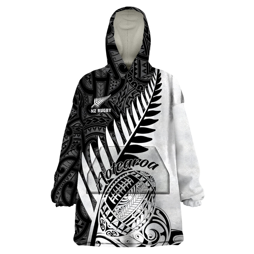 Custom New Zealand Silver Fern Rugby Wearable Blanket Hoodie Aotearoa Maori White Version LT01 One Size White - Polynesian Pride