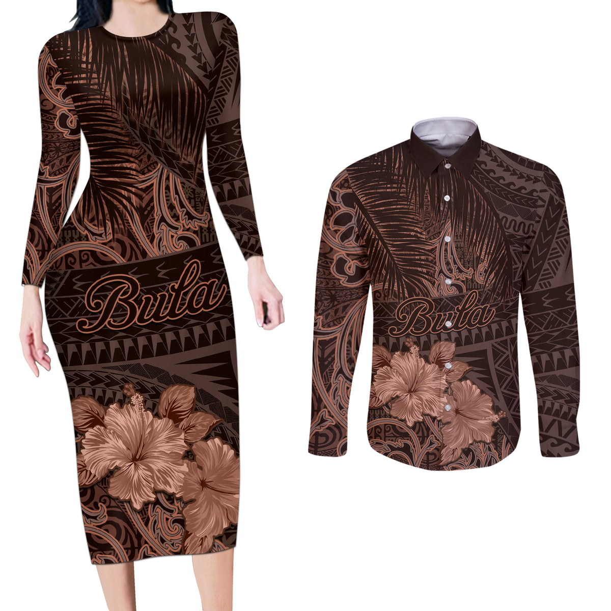 Bula Fiji Masi Couples Matching Long Sleeve Bodycon Dress and Long Sleeve Button Shirt Fijian Tapa Vintage Dark Brown Version LT01 Brown - Polynesian Pride