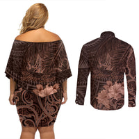 Bula Fiji Masi Couples Matching Off Shoulder Short Dress and Long Sleeve Button Shirt Fijian Tapa Vintage Dark Brown Version LT01 - Polynesian Pride