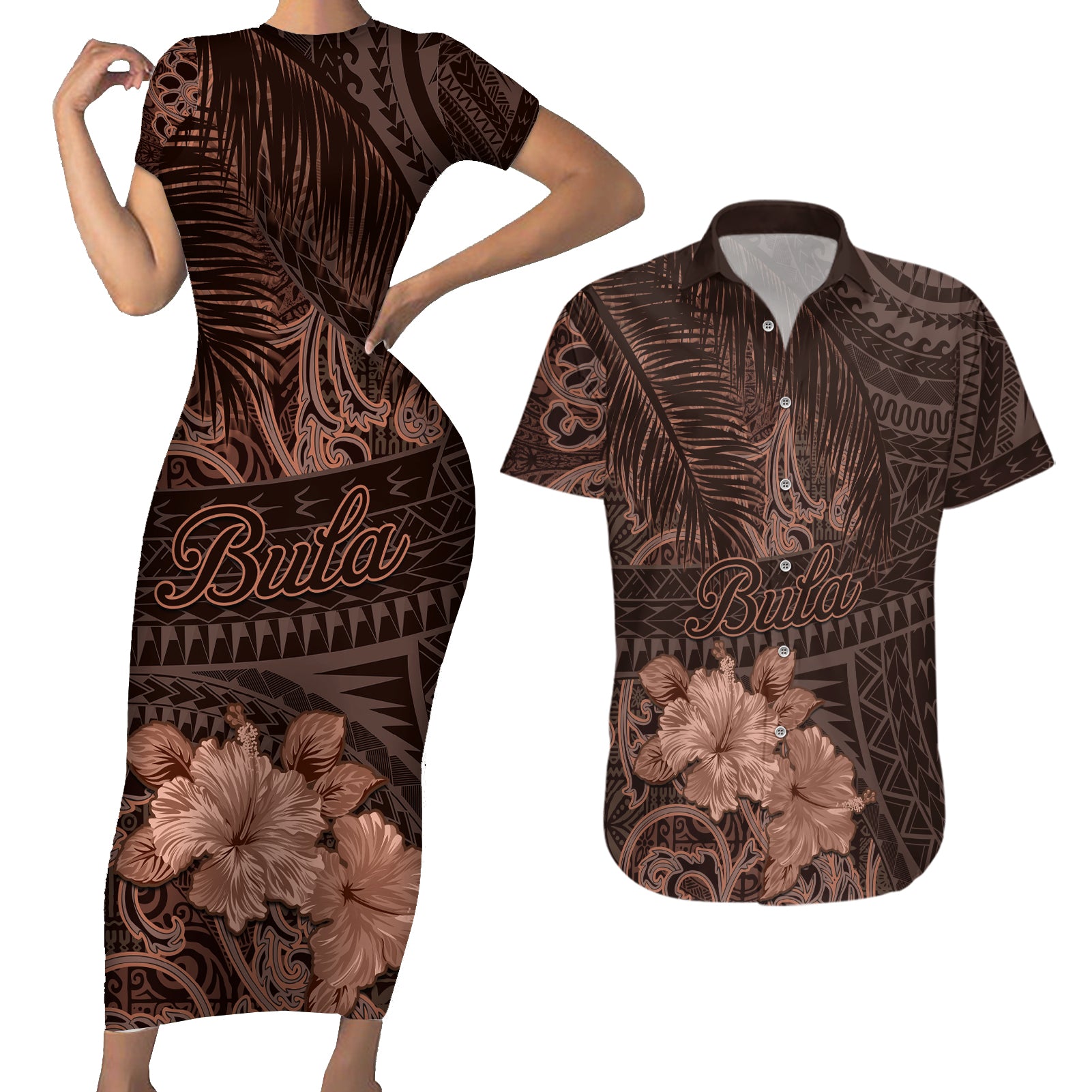 Bula Fiji Masi Couples Matching Short Sleeve Bodycon Dress and Hawaiian Shirt Fijian Tapa Vintage Dark Brown Version LT01 Brown - Polynesian Pride