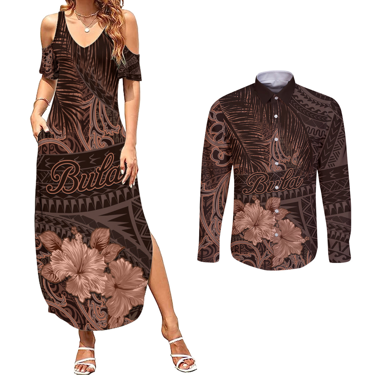 Bula Fiji Masi Couples Matching Summer Maxi Dress and Long Sleeve Button Shirt Fijian Tapa Vintage Dark Brown Version LT01 Brown - Polynesian Pride