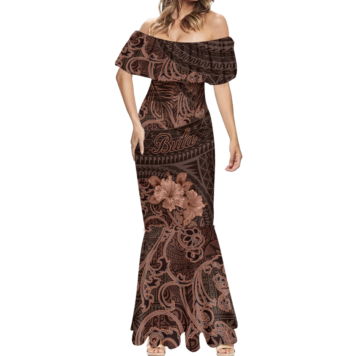 Bula Fiji Masi Mermaid Dress Fijian Tapa Vintage Dark Brown Version LT01 - Polynesian Pride