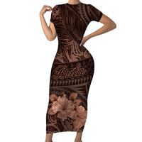 Bula Fiji Masi Short Sleeve Bodycon Dress Fijian Tapa Vintage Dark Brown Version LT01 Long Dress Brown - Polynesian Pride