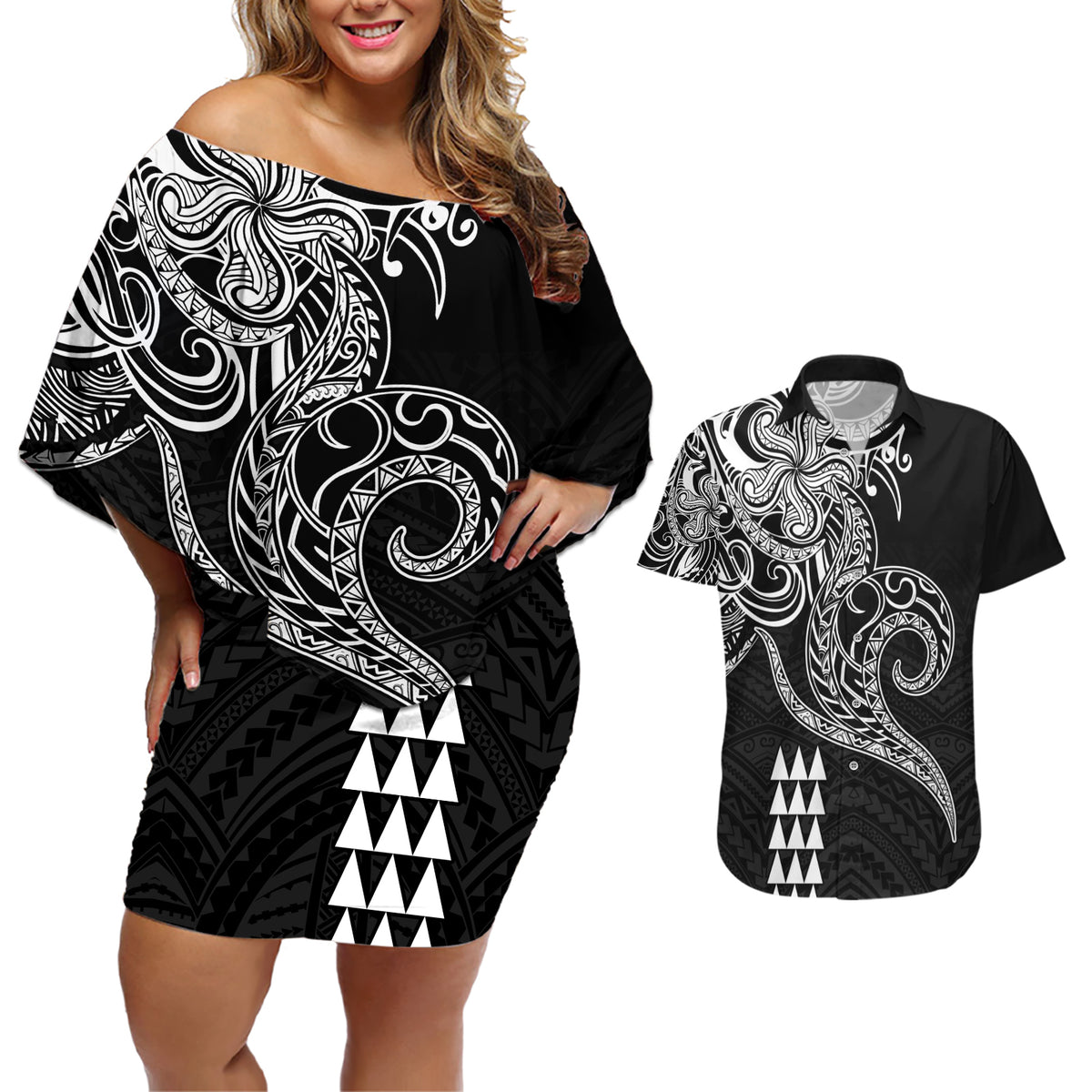 Hawaii Valentine Couples Matching Off Shoulder Short Dress and Hawaiian Shirt Kakau Polynesian Heart LT01 Black - Polynesian Pride