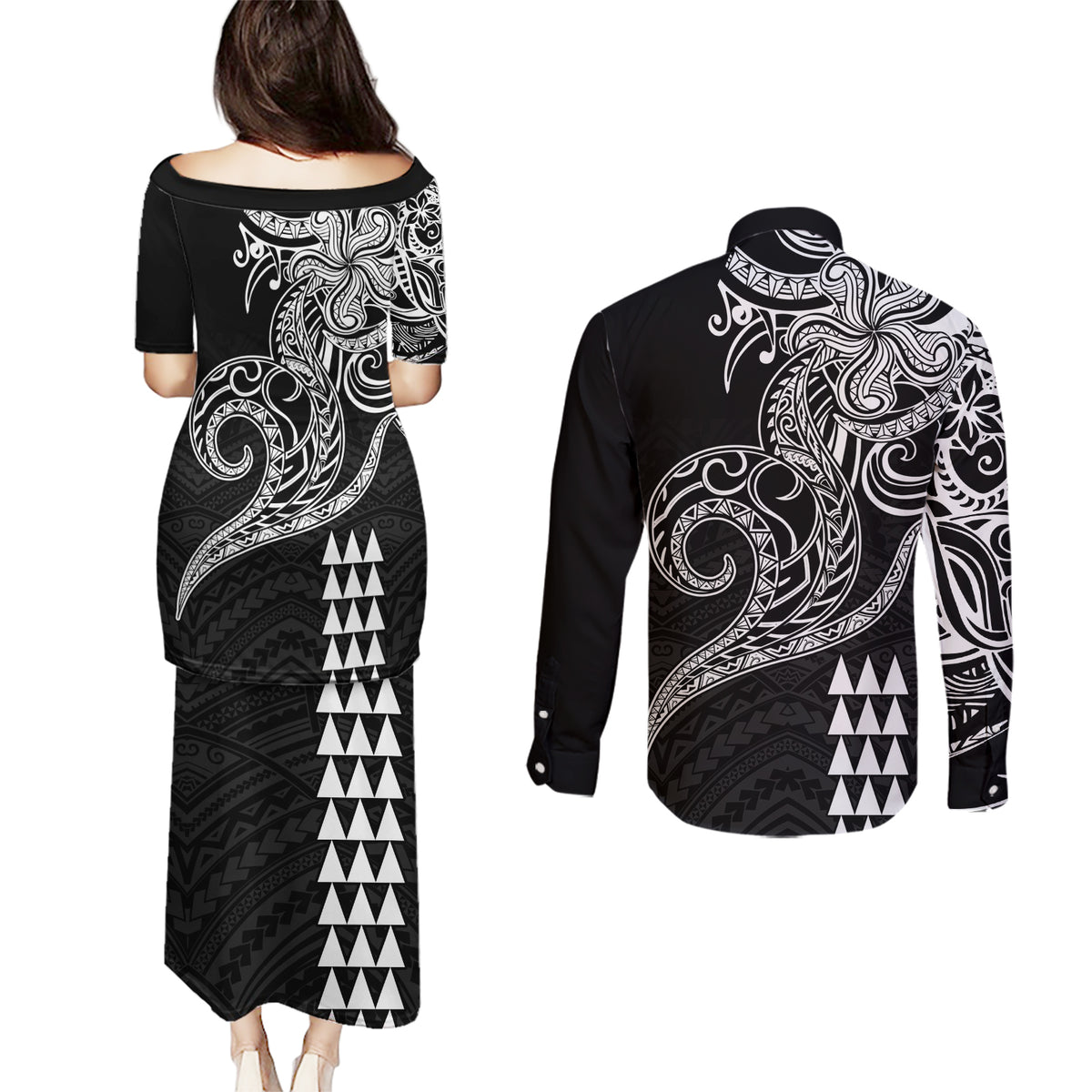 Hawaii Valentine Couples Matching Puletasi Dress and Long Sleeve Button Shirt Kakau Polynesian Heart LT01 - Polynesian Pride