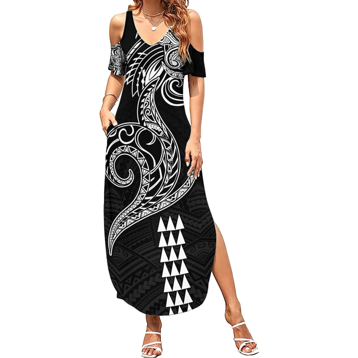 Hawaii Valentine Summer Maxi Dress Kakau Polynesian Heart LT01 Women Black - Polynesian Pride