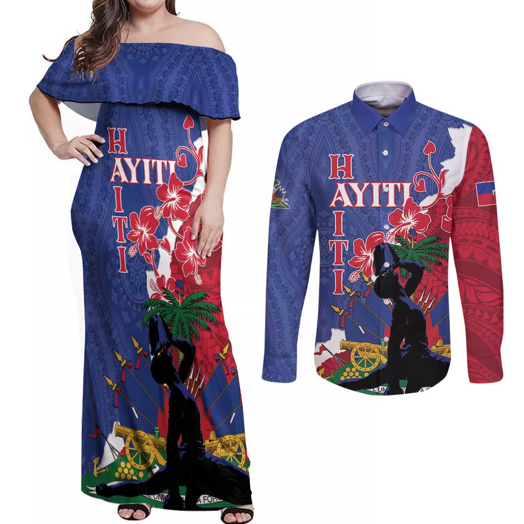 Personalised Haiti Le Marron Inconnu Couples Matching Off Shoulder Maxi Dress and Long Sleeve Button Shirt Dashiki Mix Polynesian Pattern