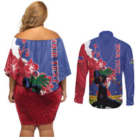 Personalised Haiti Le Marron Inconnu Couples Matching Off Shoulder Short Dress and Long Sleeve Button Shirt Dashiki Mix Polynesian Pattern