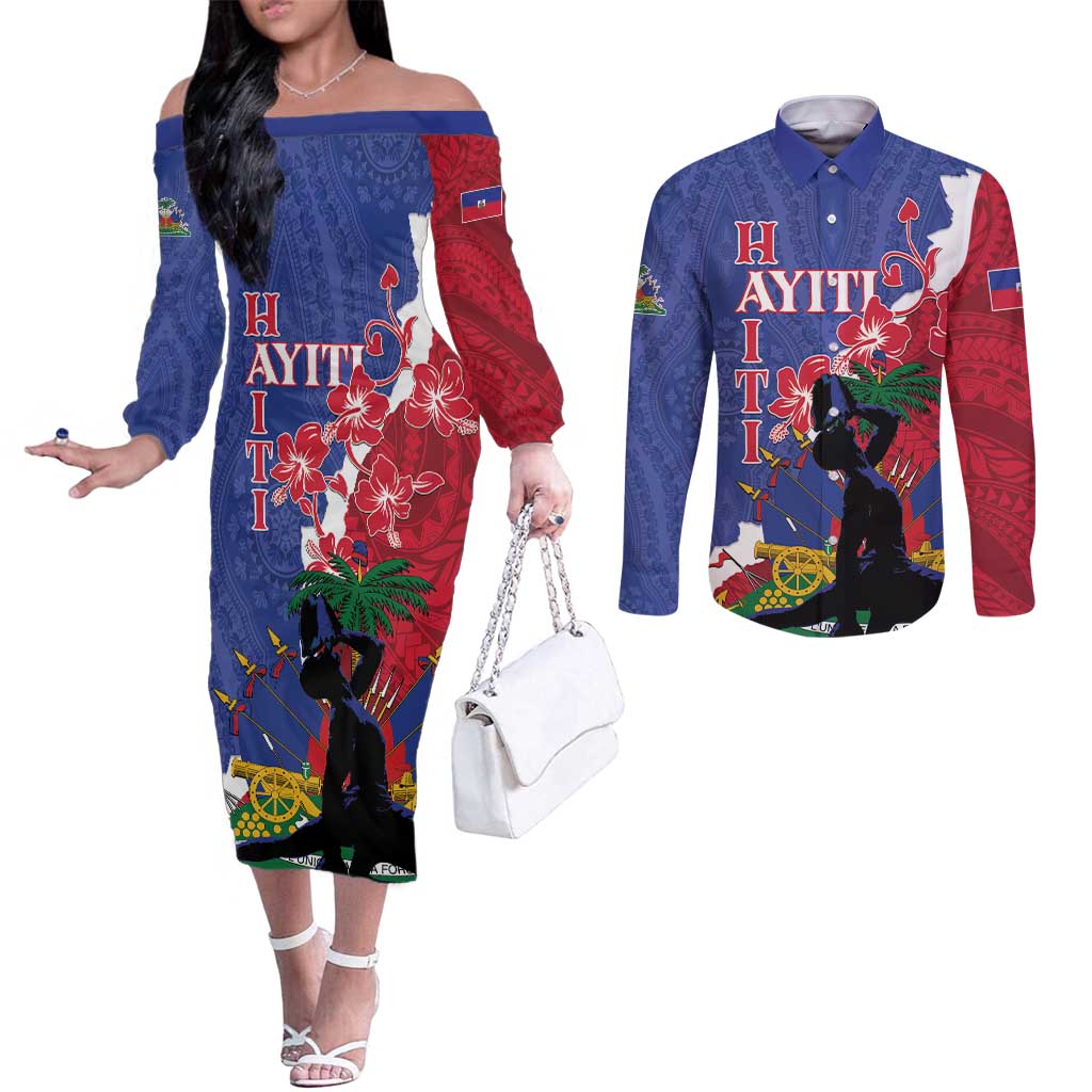 Personalised Haiti Le Marron Inconnu Couples Matching Off The Shoulder Long Sleeve Dress and Long Sleeve Button Shirt Dashiki Mix Polynesian Pattern