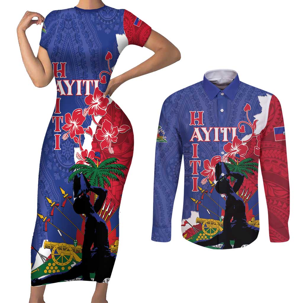 Personalised Haiti Le Marron Inconnu Couples Matching Short Sleeve Bodycon Dress and Long Sleeve Button Shirt Dashiki Mix Polynesian Pattern