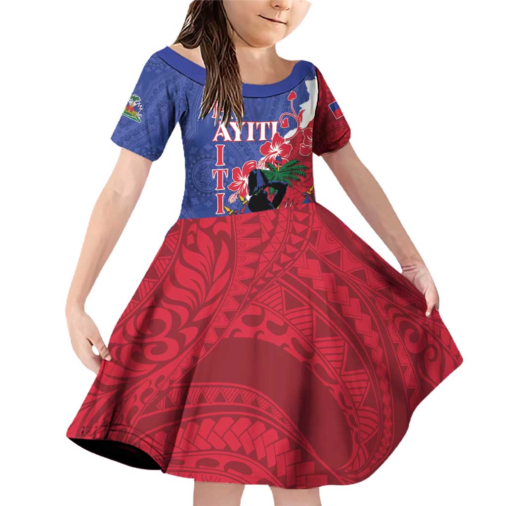Personalised Haiti Le Marron Inconnu Family Matching Off Shoulder Short Dress and Hawaiian Shirt Dashiki Mix Polynesian Pattern LT01 Daughter's Dress Blue - Polynesian Pride