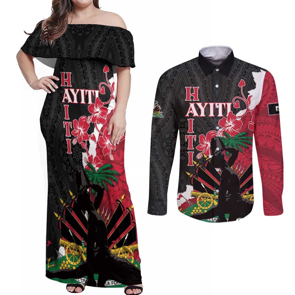 Personalised Ayiti Neg Marron Couples Matching Off Shoulder Maxi Dress and Long Sleeve Button Shirt Dashiki Mix Polynesian Pattern